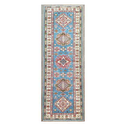 Full view of Afghan Kazak hand-knotted wool runner rug with sky blue field and geometric medallions, 358 x 97 cm