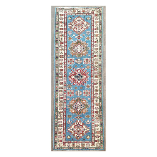 Full view of Afghan Kazak hand-knotted wool runner rug with sky blue field and geometric medallions, 358 x 97 cm