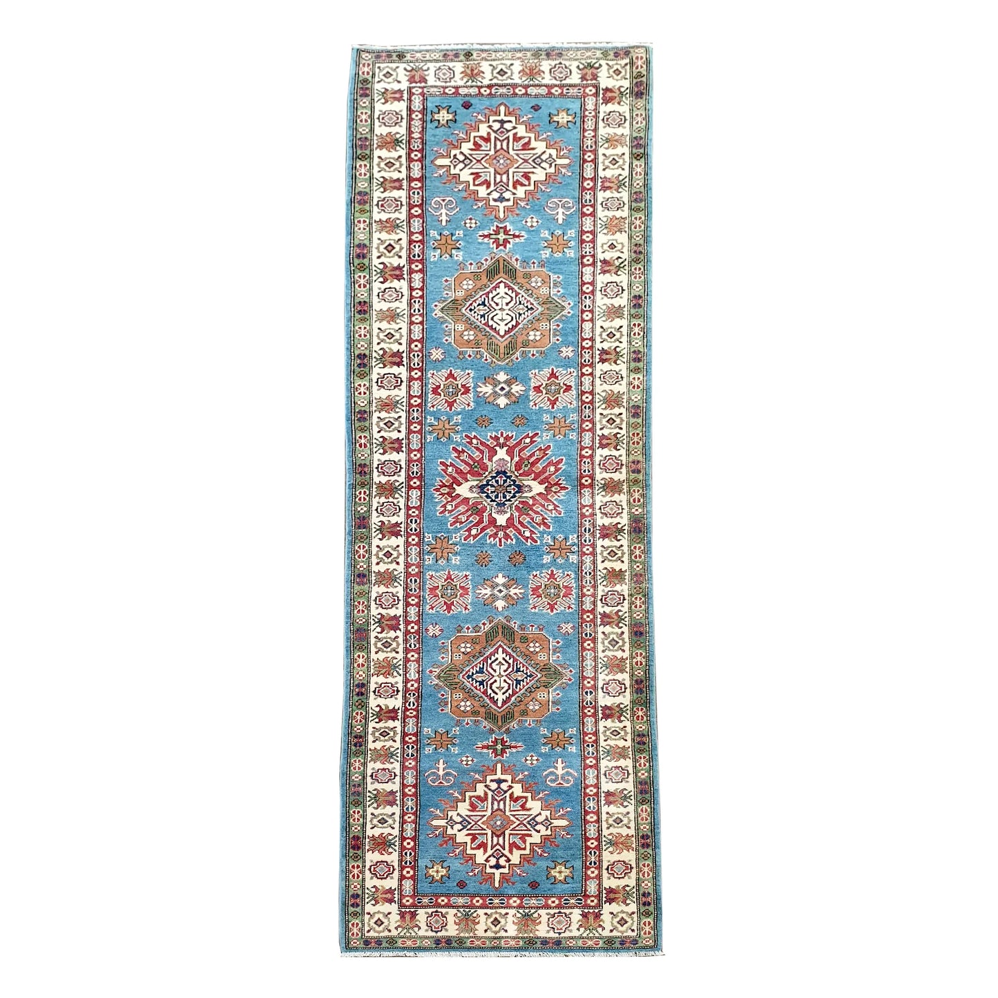 Full view of Afghan Kazak hand-knotted wool runner rug with sky blue field and geometric medallions, 358 x 97 cm