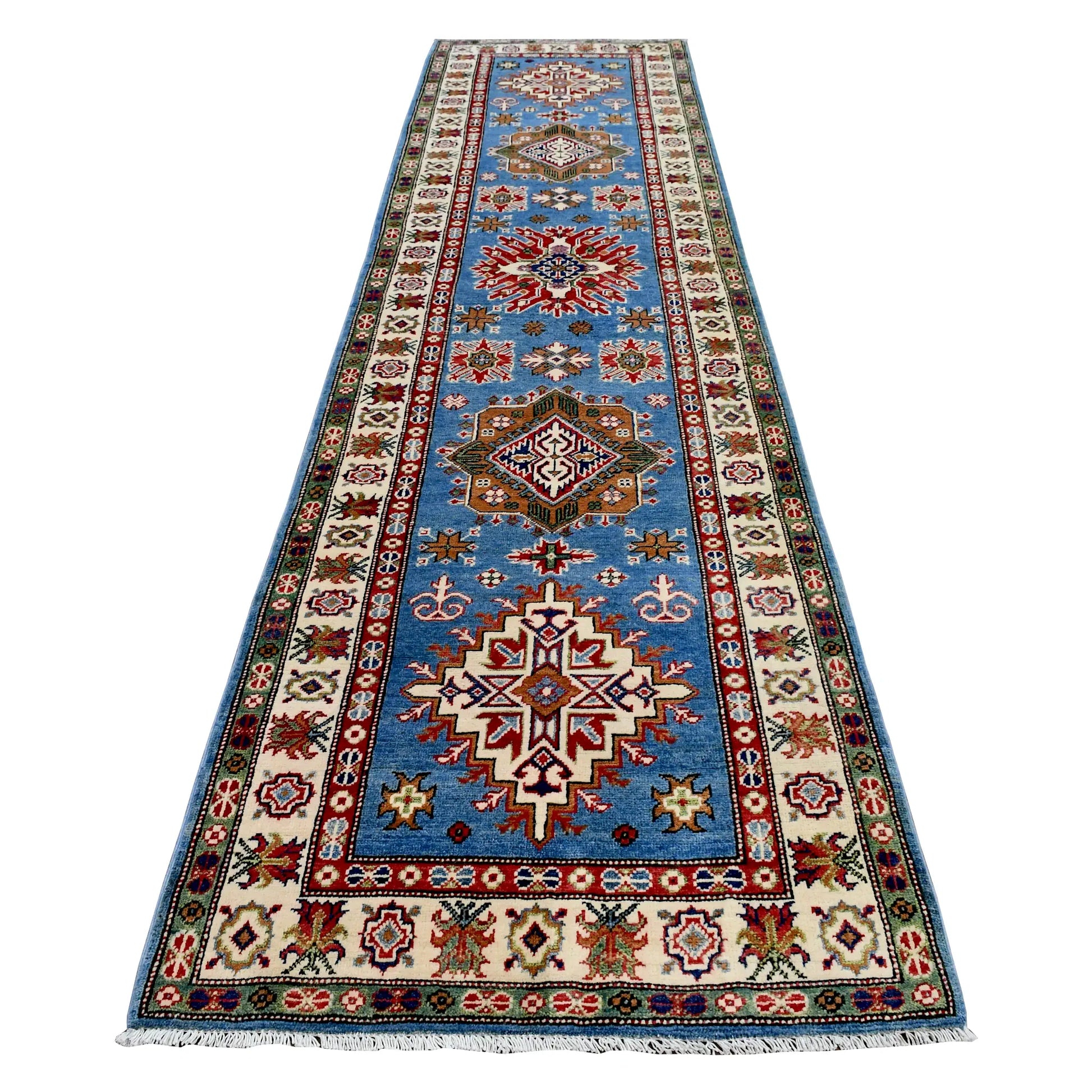Full view of Afghan Kazak hand-knotted wool runner with geometric medallions on a sky-blue field, 358 x 97 cm