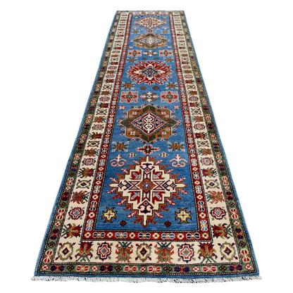 Full view of Afghan Kazak hand-knotted wool runner with geometric medallions on a sky-blue field, 358 x 97 cm