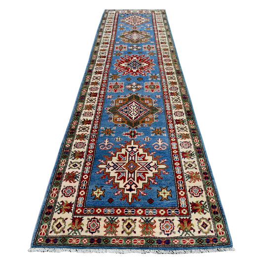 Full view of Afghan Kazak hand-knotted wool runner with geometric medallions on a sky-blue field, 358 x 97 cm