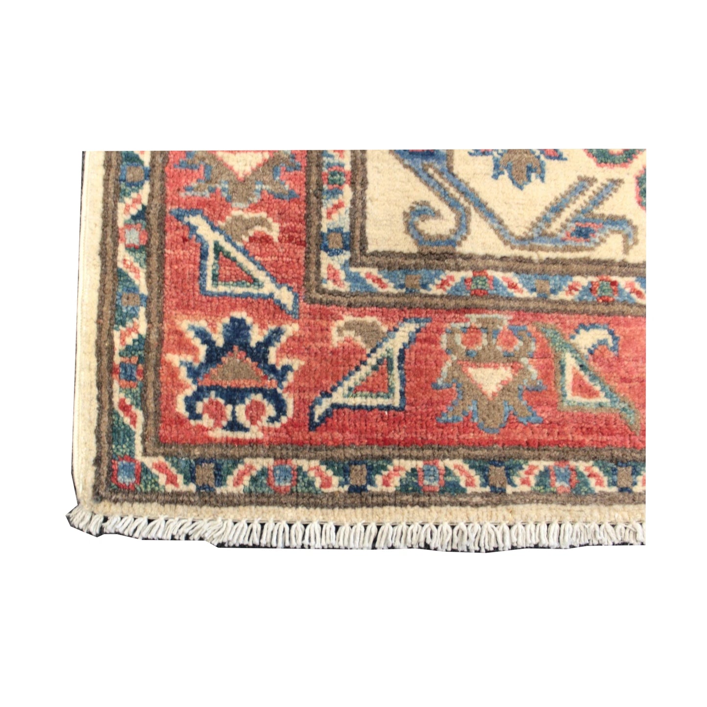 End-border and fringe detail of Afghan Kazak wool runner rug, 291 x 83 cm