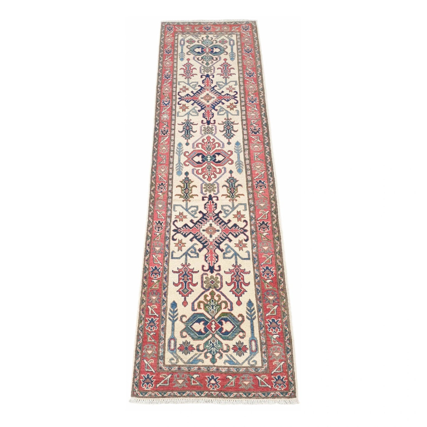 Full view of Afghan Kazak wool runner rug with beige field and red border, 291 x 83 cm