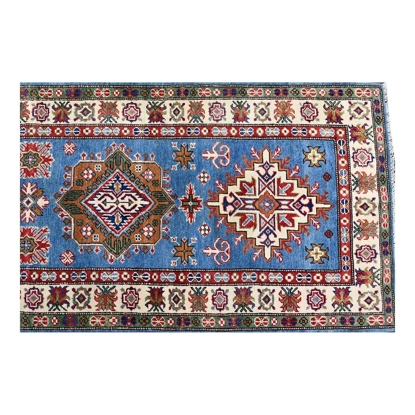 Overhead end section of Afghan Kazak runner showing polygonal medallions, small cross motifs and layered borders