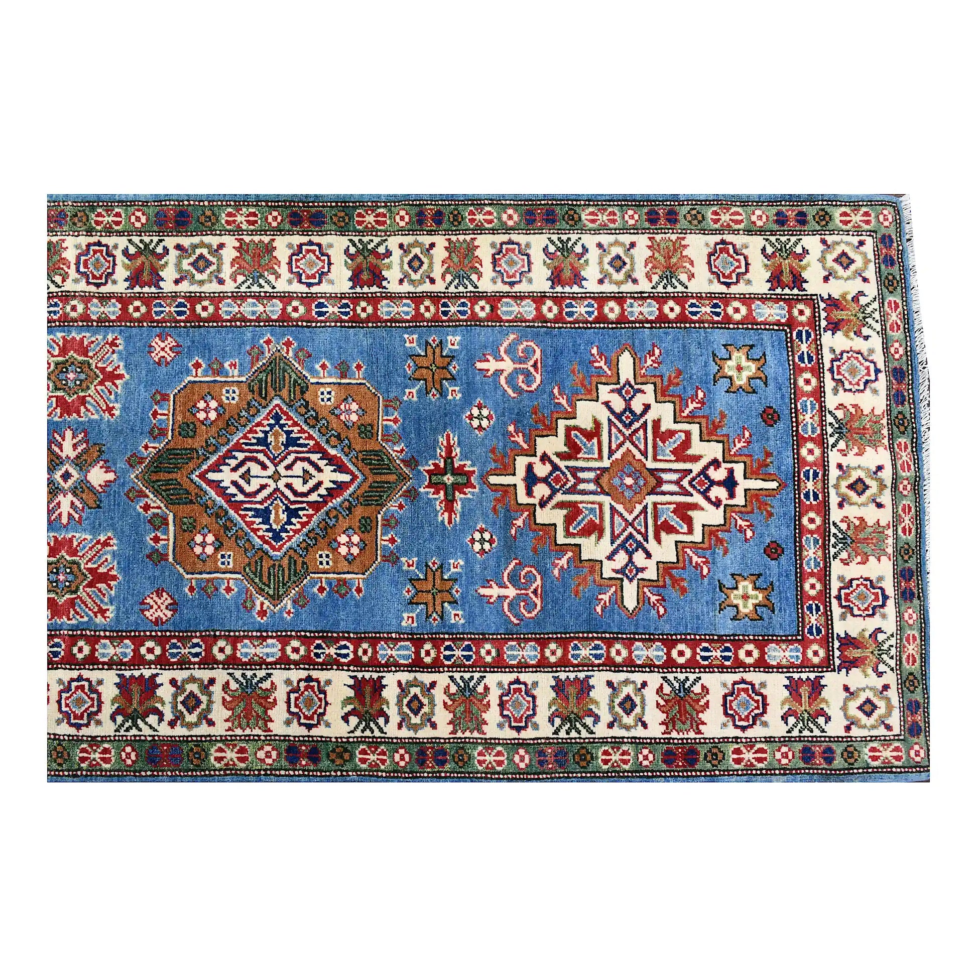 Overhead end section of Afghan Kazak runner showing polygonal medallions, small cross motifs and layered borders