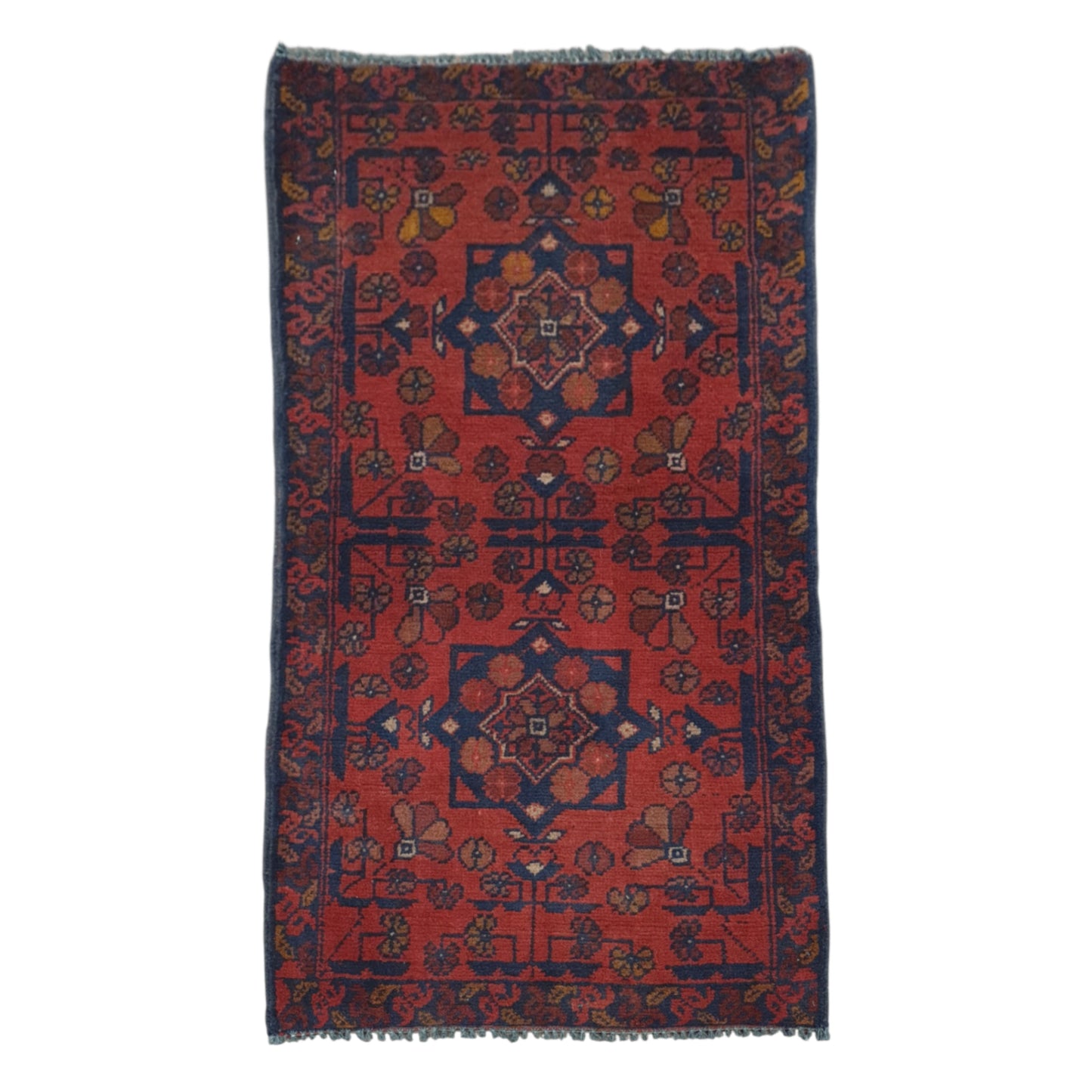 Full view of Afghan Khal Mohammadi hand-knotted wool rug with deep red field, paired central medallions and layered borders, 100 x 50 cm