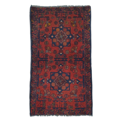 Full view of Afghan Khal Mohammadi hand-knotted wool rug with deep red field, paired central medallions and layered borders, 100 x 50 cm