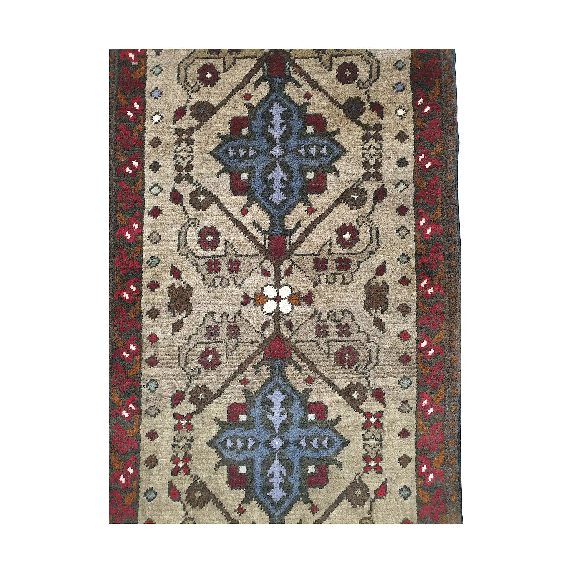 Double medallion field detail of Afghan Khal Mohammadi hand-knotted rug showing blue-grey motifs, ivory ground and red border