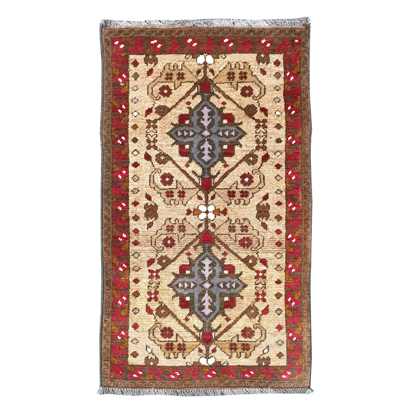 Full view of Afghan Khal Mohammadi hand-knotted wool rug with ivory field, blue-grey medallions, red border and floral motifs, 100 x 52 cm