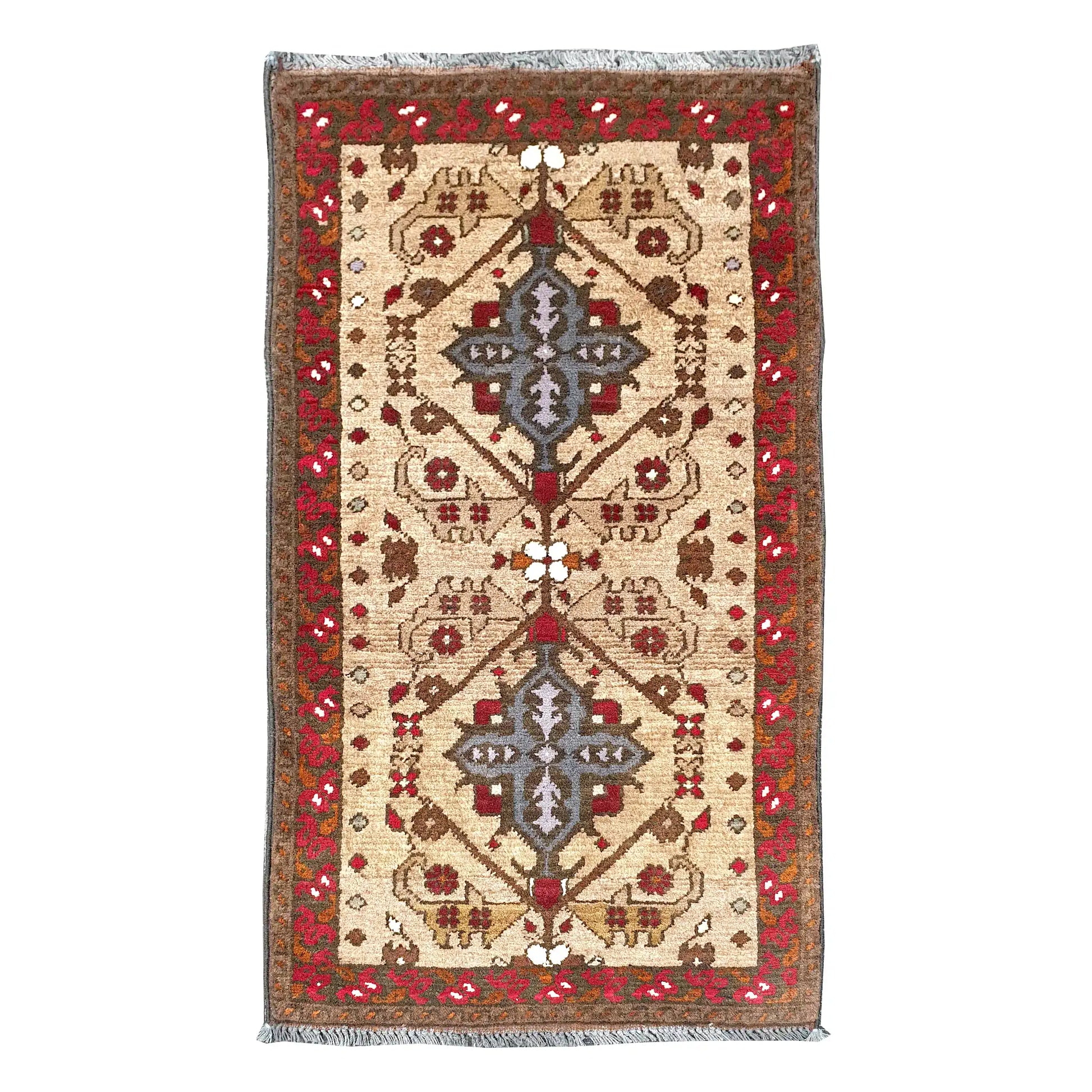 Full view of Afghan Khal Mohammadi hand-knotted wool rug with ivory field, blue-grey medallions, red border and floral motifs, 100 x 52 cm