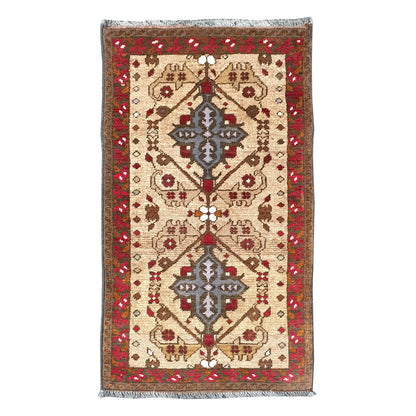Full view of Afghan Khal Mohammadi hand-knotted wool rug with ivory field, blue-grey medallions, red border and floral motifs, 100 x 52 cm