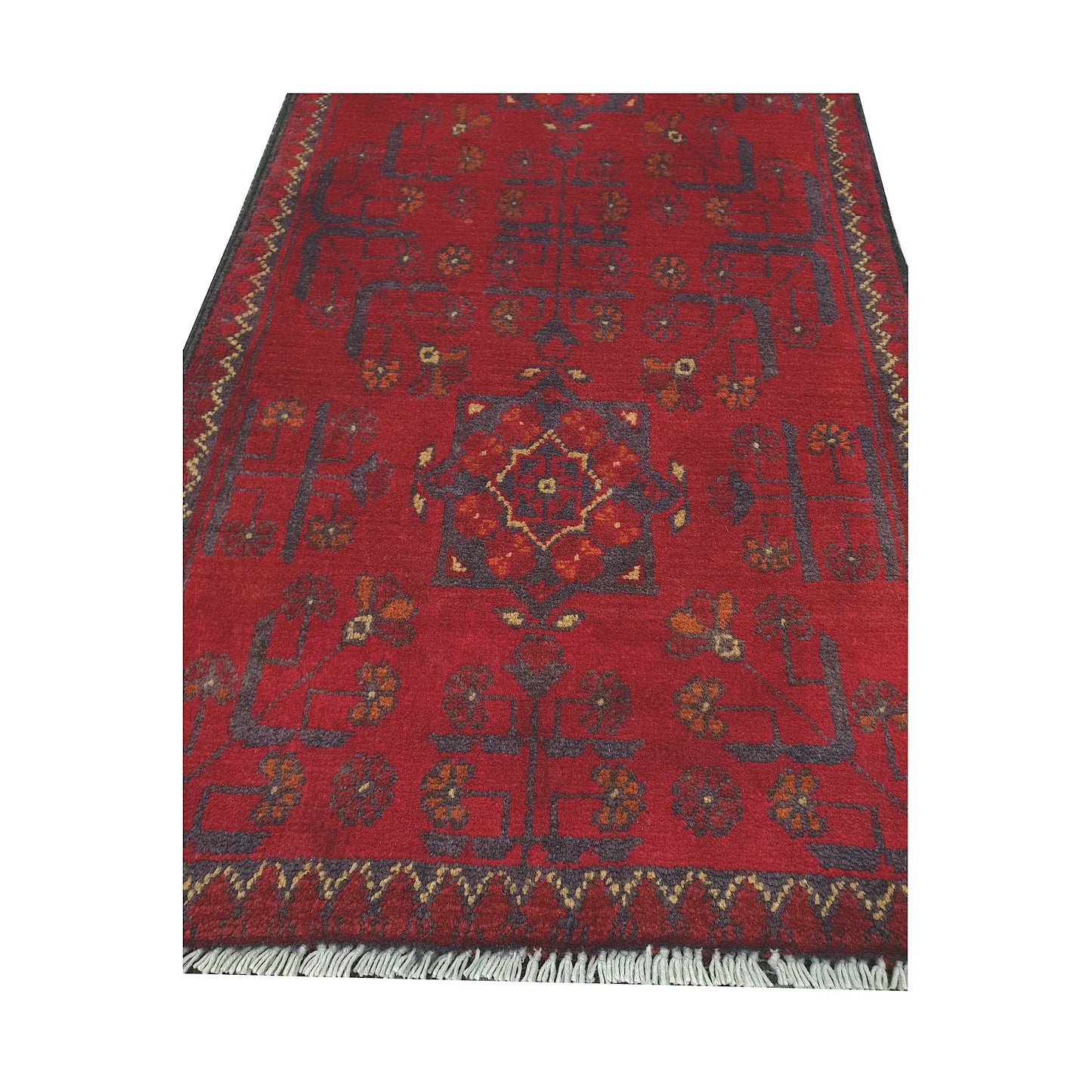 Central medallion and field detail of Afghan Khal Mohammadi hand-knotted rug showing red ground, dark tribal motifs and patterned border