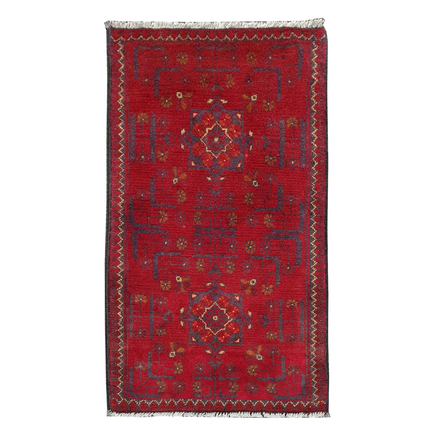 Full view of Afghan Khal Mohammadi hand-knotted wool rug with deep red field, central geometric medallion and patterned border, 102 x 52 cm