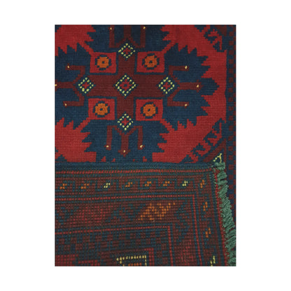Folded corner reverse-weave detail of Afghan Khal Mohammadi hand-knotted wool rug showing back structure, border pattern, fringe and weave