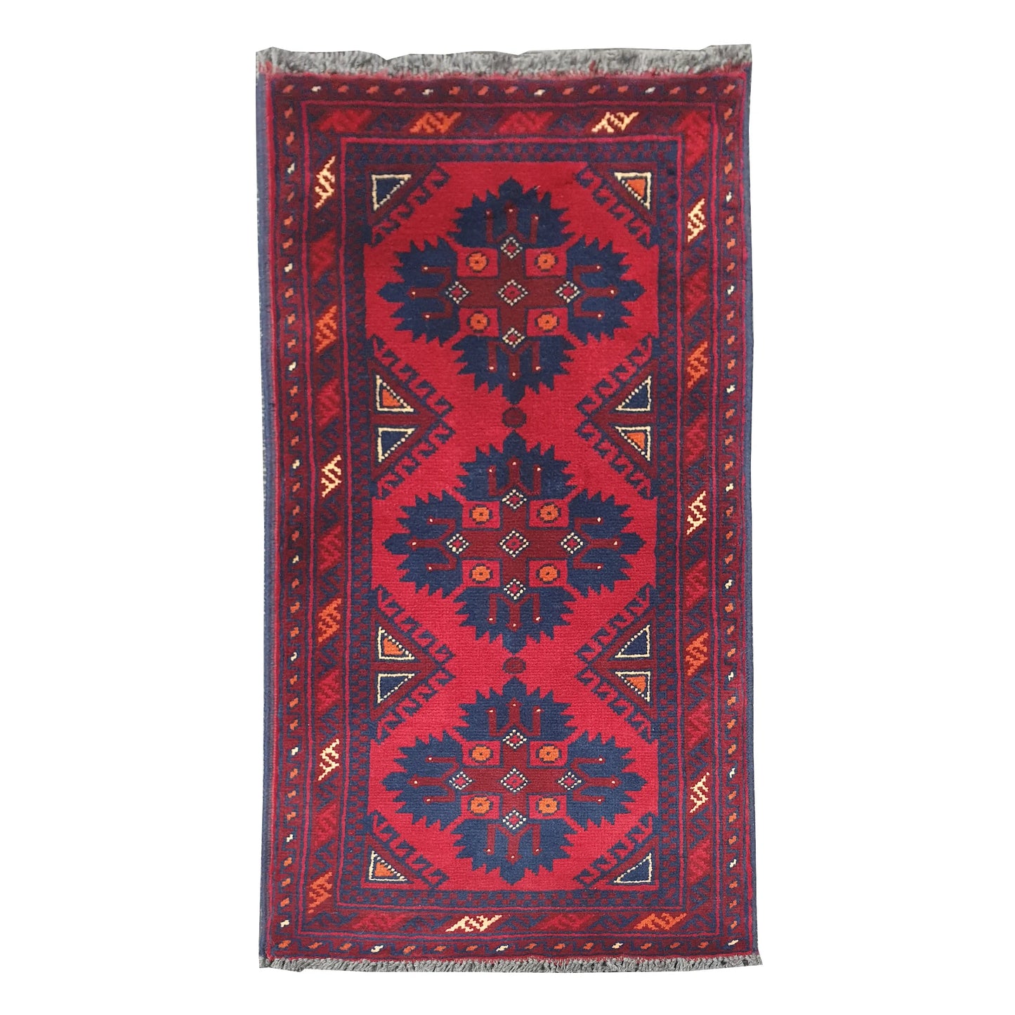Full view of Afghan Khal Mohammadi hand-knotted wool rug with deep red field, dark blue geometric medallions and patterned border, 106 x 52 cm