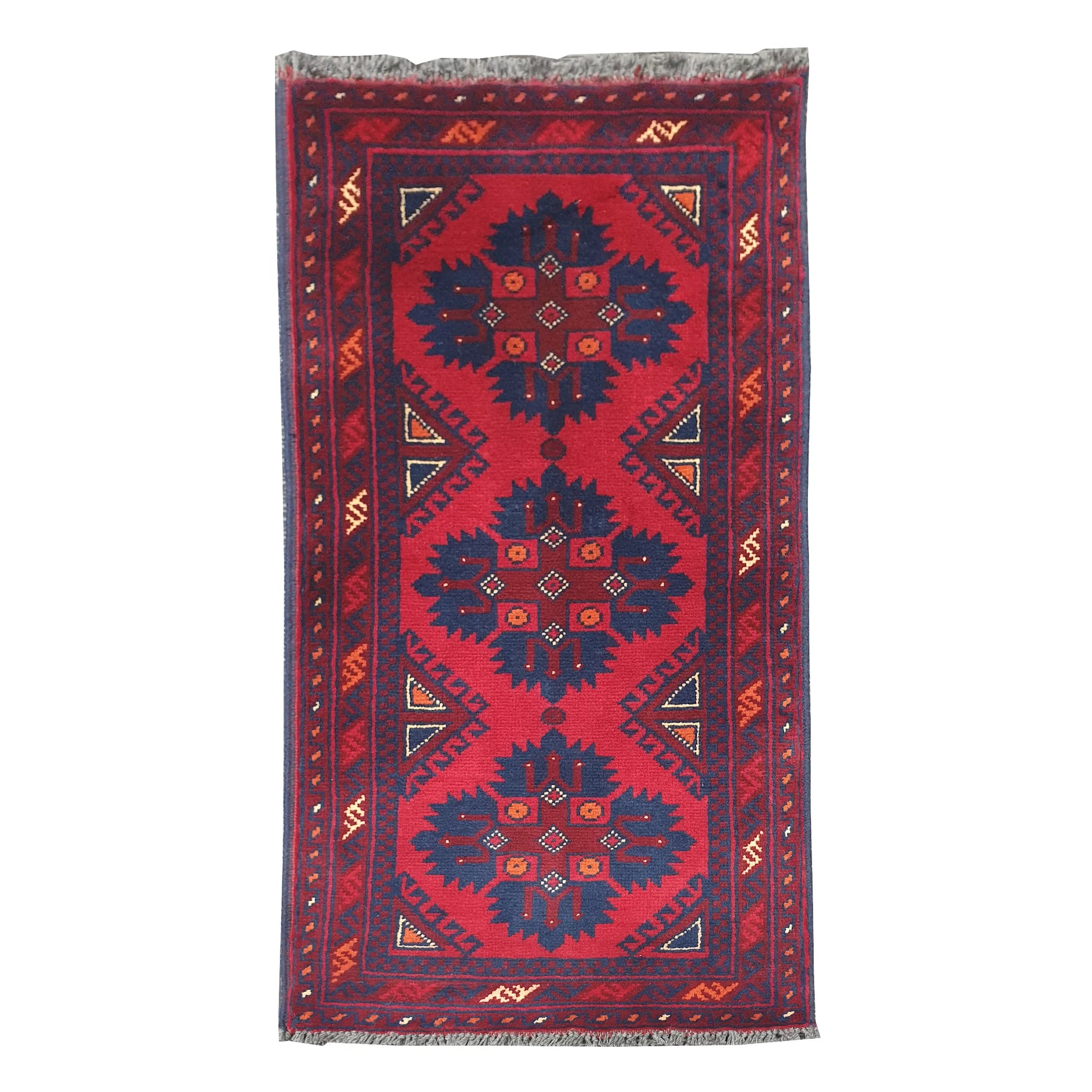 Full view of Afghan Khal Mohammadi hand-knotted wool rug with deep red field, dark blue geometric medallions and patterned border, 106 x 52 cm