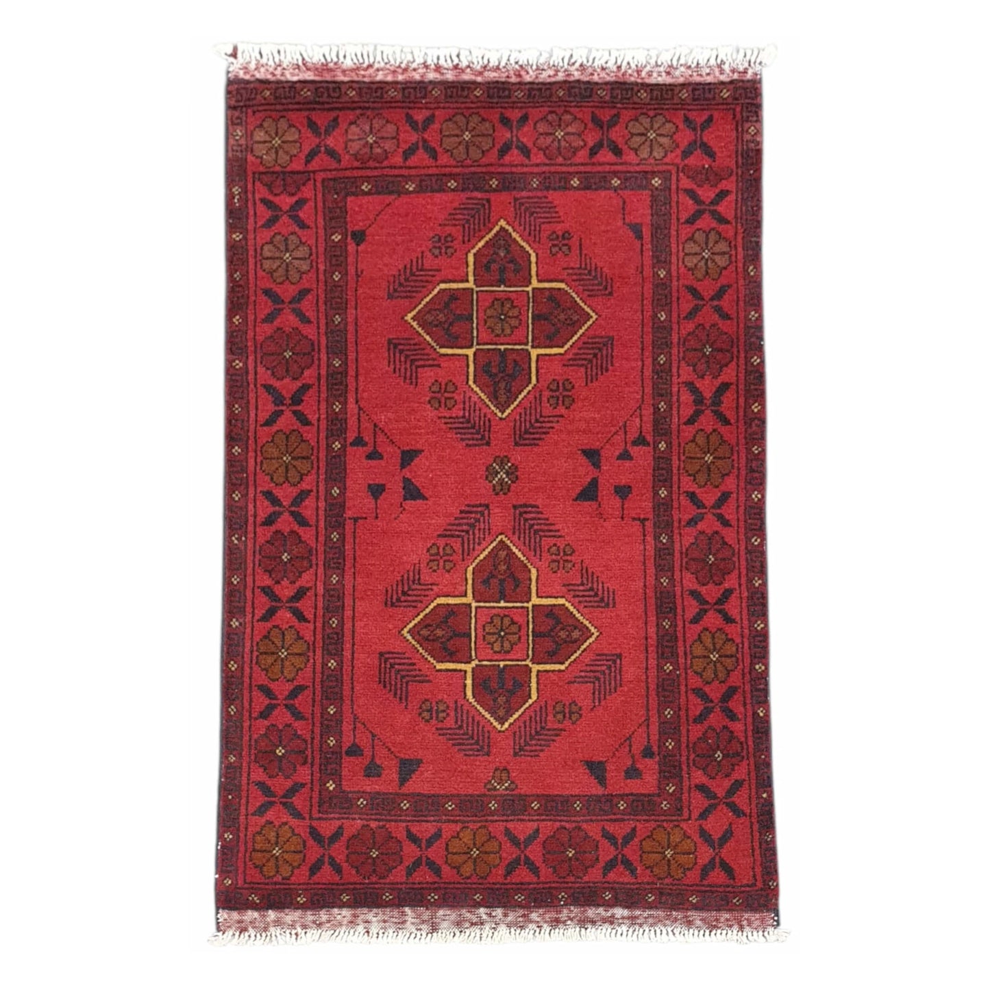 Full view of Afghan Khal Mohammadi hand-knotted wool rug with deep red field, paired geometric medallions and patterned navy border, 125 x 74 cm