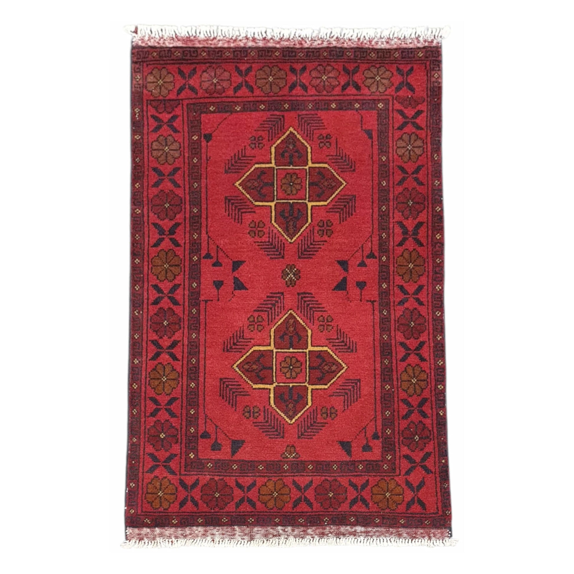 Full view of Afghan Khal Mohammadi hand-knotted wool rug with deep red field, paired geometric medallions and patterned navy border, 125 x 74 cm