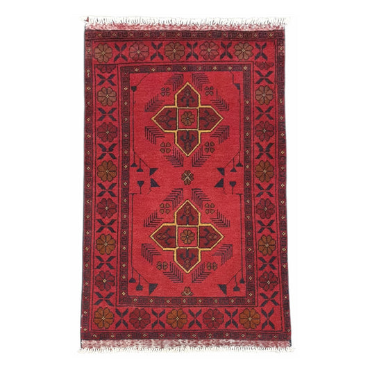 Full view of Afghan Khal Mohammadi hand-knotted wool rug with deep red field, paired geometric medallions and patterned navy border, 125 x 74 cm