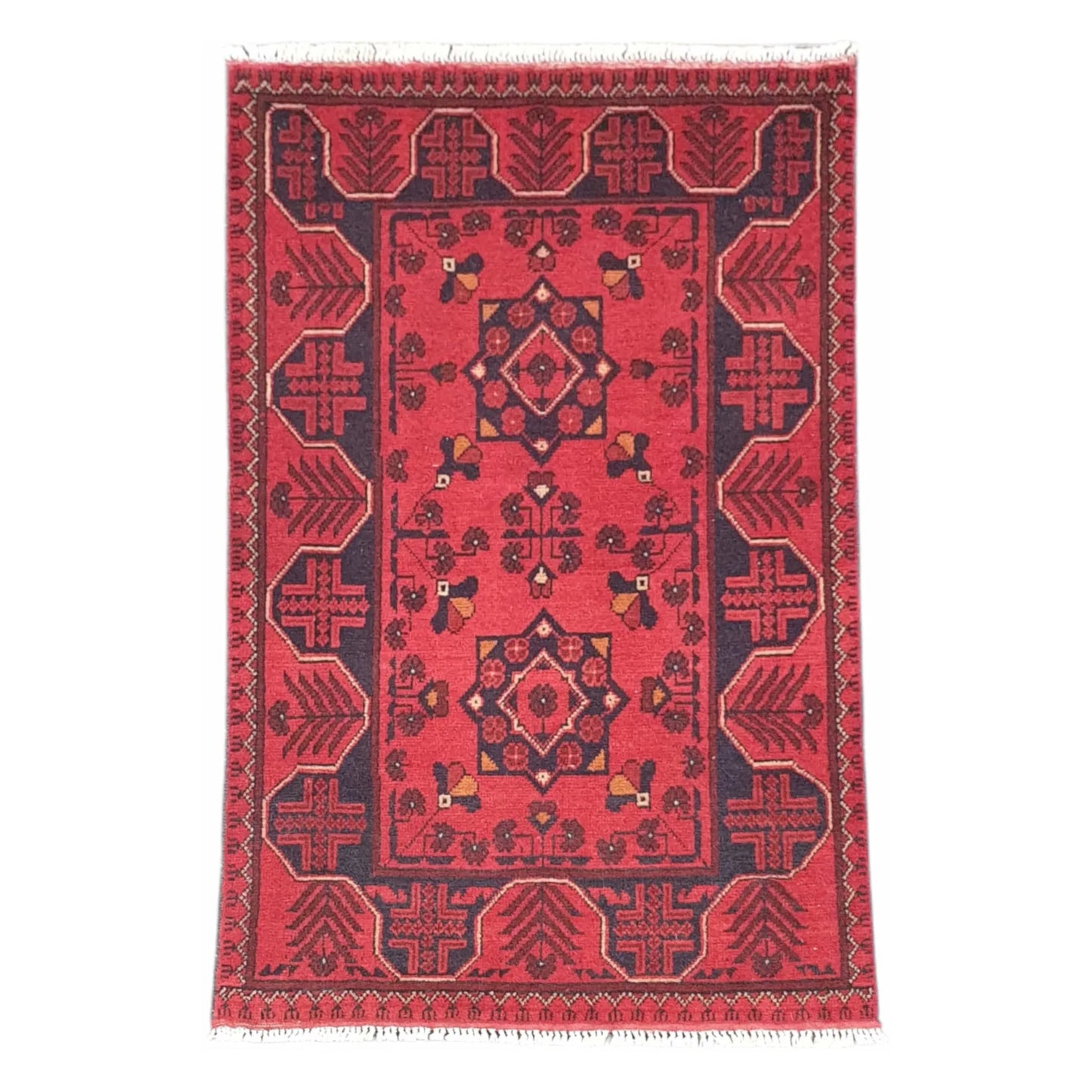 Full view of Afghan Khal Mohammadi hand-knotted wool rug with deep red field, geometric medallion and framed border, 127 x 78 cm