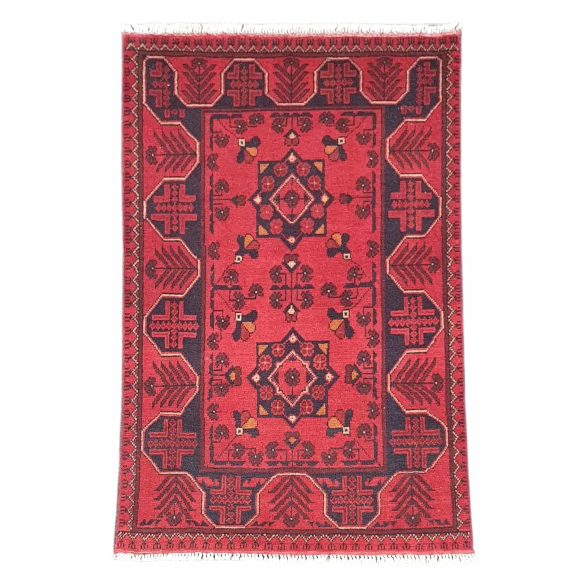 Full view of Afghan Khal Mohammadi hand-knotted wool rug with deep red field, geometric medallion and framed border, 127 x 78 cm