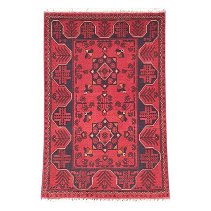 Full view of Afghan Khal Mohammadi hand-knotted wool rug with deep red field, geometric medallion and framed border, 127 x 78 cm