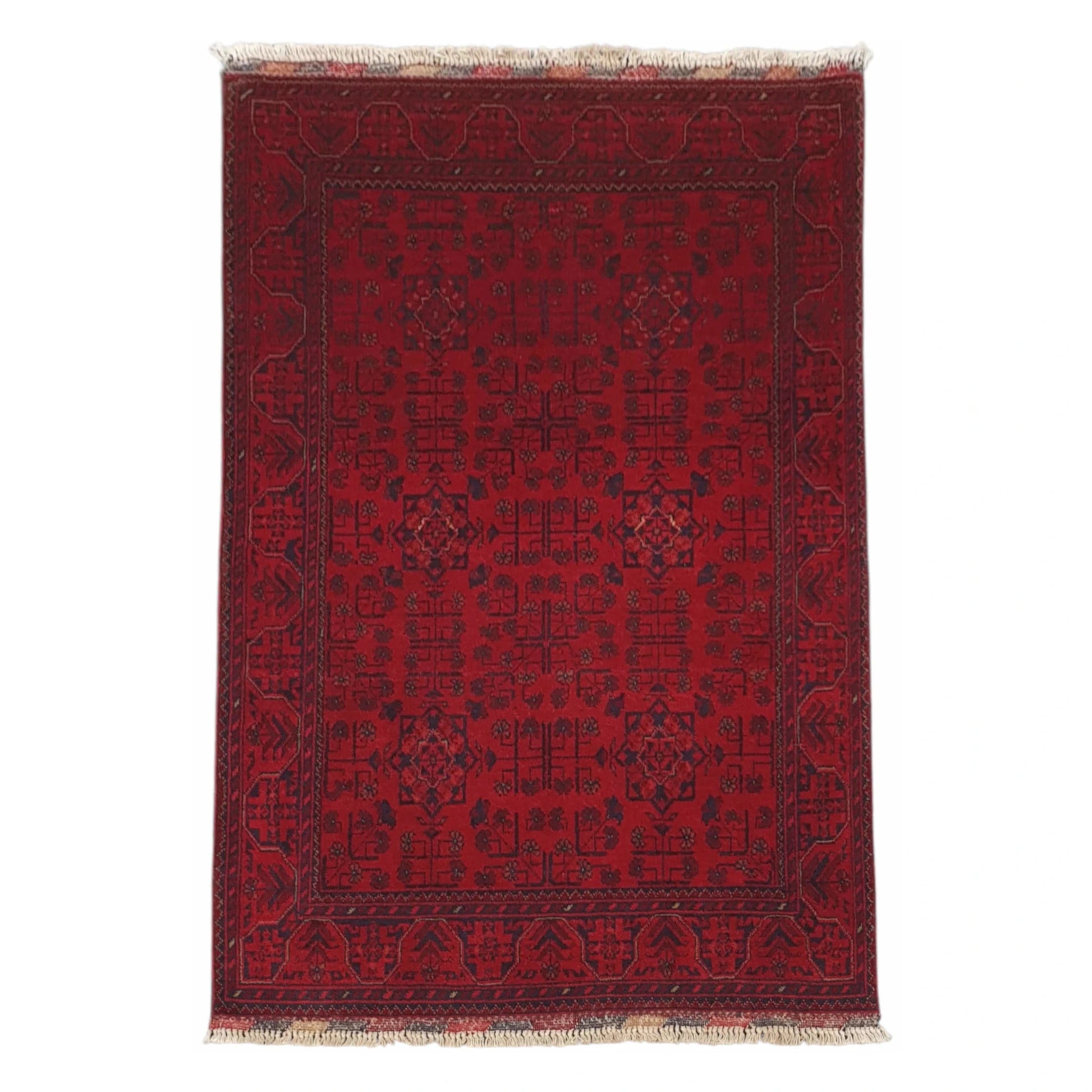 Full view of Afghan Khal Mohammadi hand-knotted wool rug with deep red field, repeating floral medallions and navy border, 149 x 105 cm