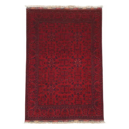 Full view of Afghan Khal Mohammadi hand-knotted wool rug with deep red field, repeating floral medallions and navy border, 149 x 105 cm