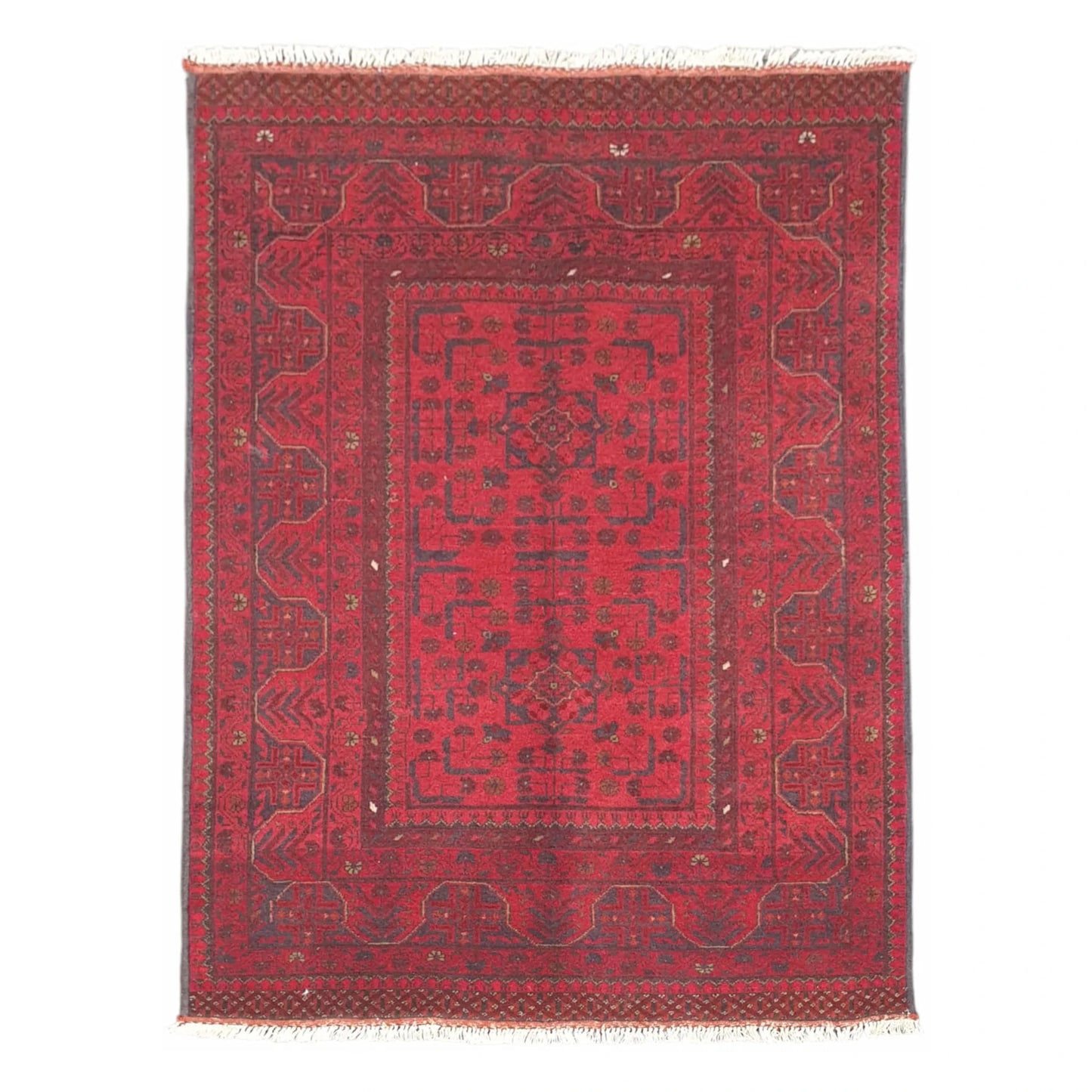 Full view of Afghan Khal Mohammadi hand-knotted wool rug with deep red geometric field and intricate dark border, 151 x 104 cm