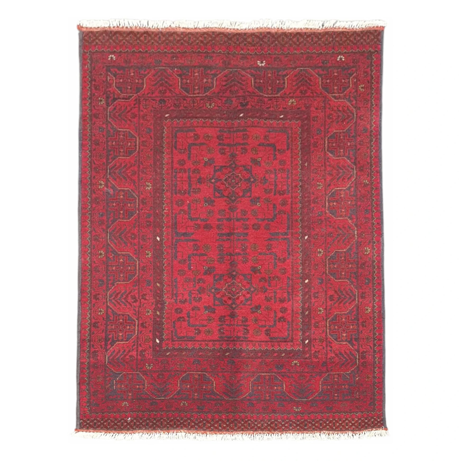 Full view of Afghan Khal Mohammadi hand-knotted wool rug with deep red geometric field and intricate dark border, 151 x 104 cm