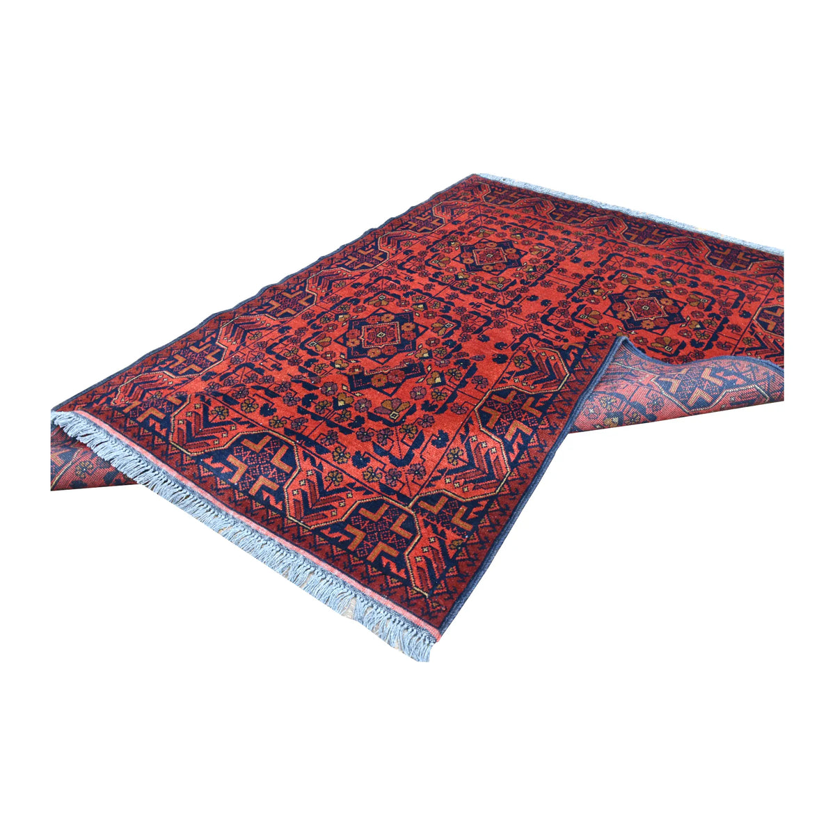 Folded view of Afghan Khal Mohammadi hand-knotted wool rug showing its red medallion field, patterned border and fringe