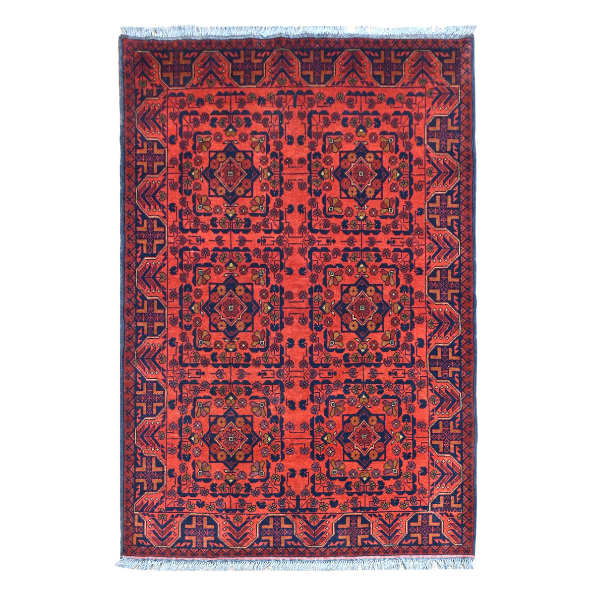 Full view of Afghan Khal Mohammadi hand-knotted wool rug with rich red field, six framed medallions and dark navy border, 190 x 128 cm