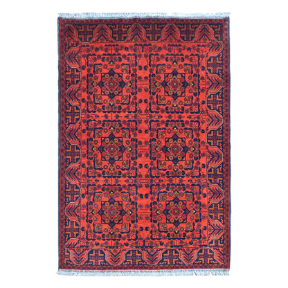 Full view of Afghan Khal Mohammadi hand-knotted wool rug with rich red field, six framed medallions and dark navy border, 190 x 128 cm