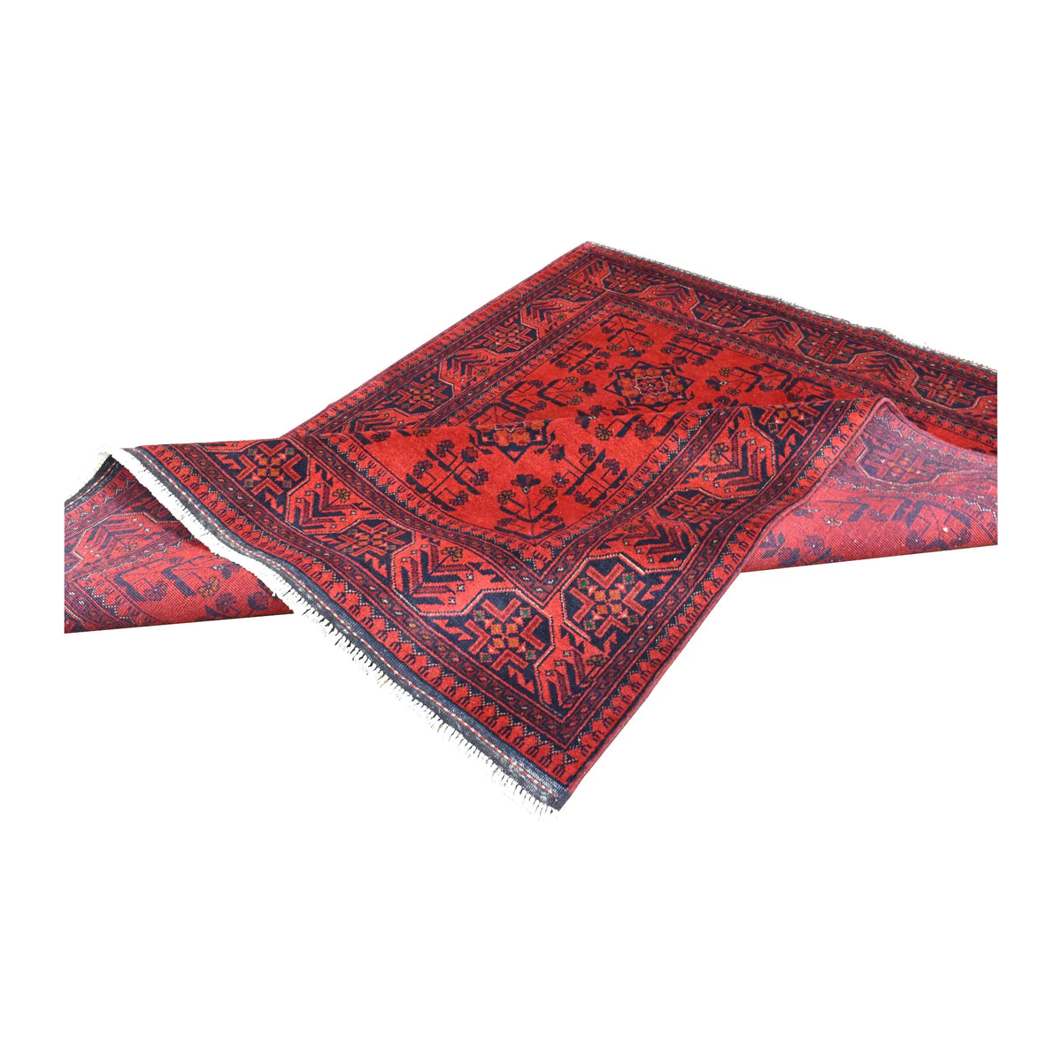 Folded view of Afghan Khal Mohammadi hand-knotted wool rug showing its red patterned pile, borders and fringe