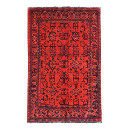 Full view of Afghan Khal Mohammadi hand-knotted wool rug with rich red geometric-floral field and dark patterned borders, 196 x 150 cm