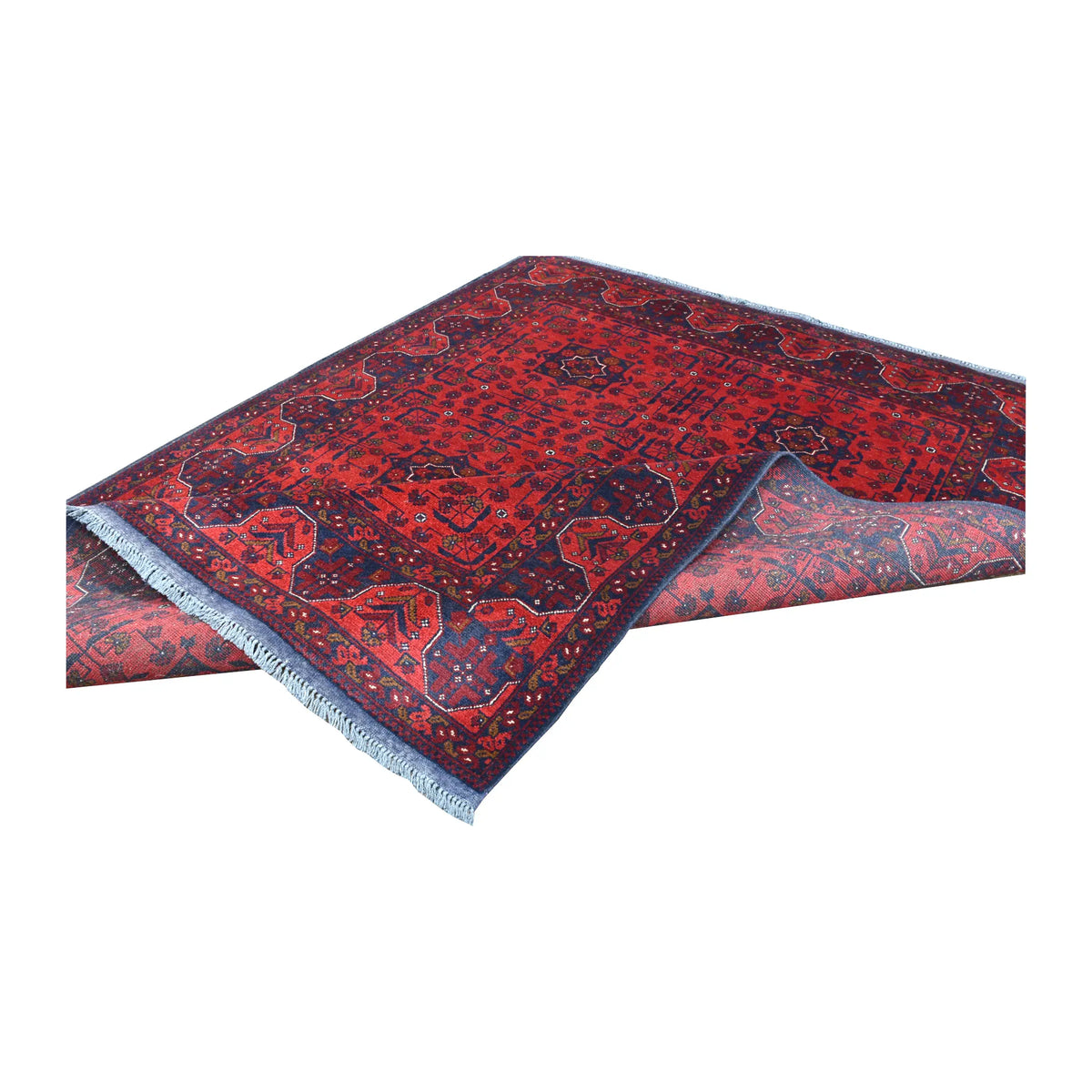 Folded view of Afghan Khal Mohammadi hand-knotted wool rug showing its red patterned pile, borders and fringe