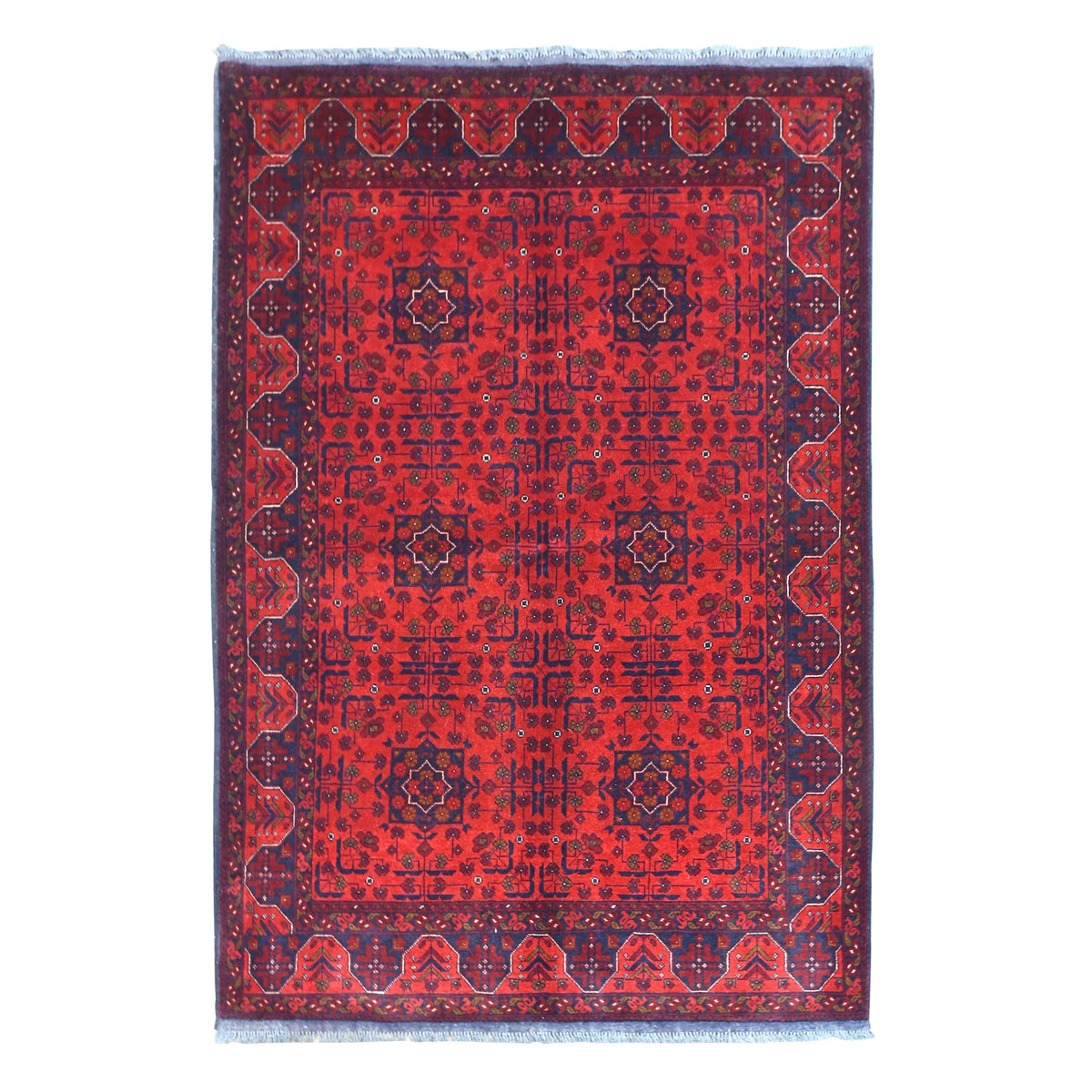 Full view of Afghan Khal Mohammadi hand-knotted wool rug with deep red geometric gul field and dark patterned borders, 200 x 150 cm