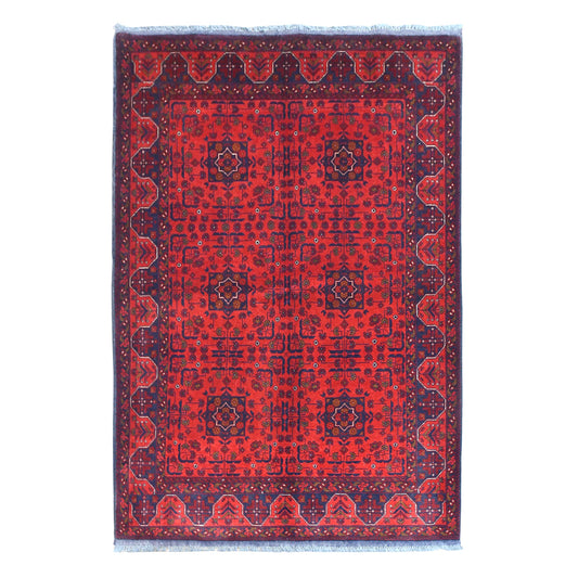Full view of Afghan Khal Mohammadi hand-knotted wool rug with deep red geometric gul field and dark patterned borders, 200 x 150 cm