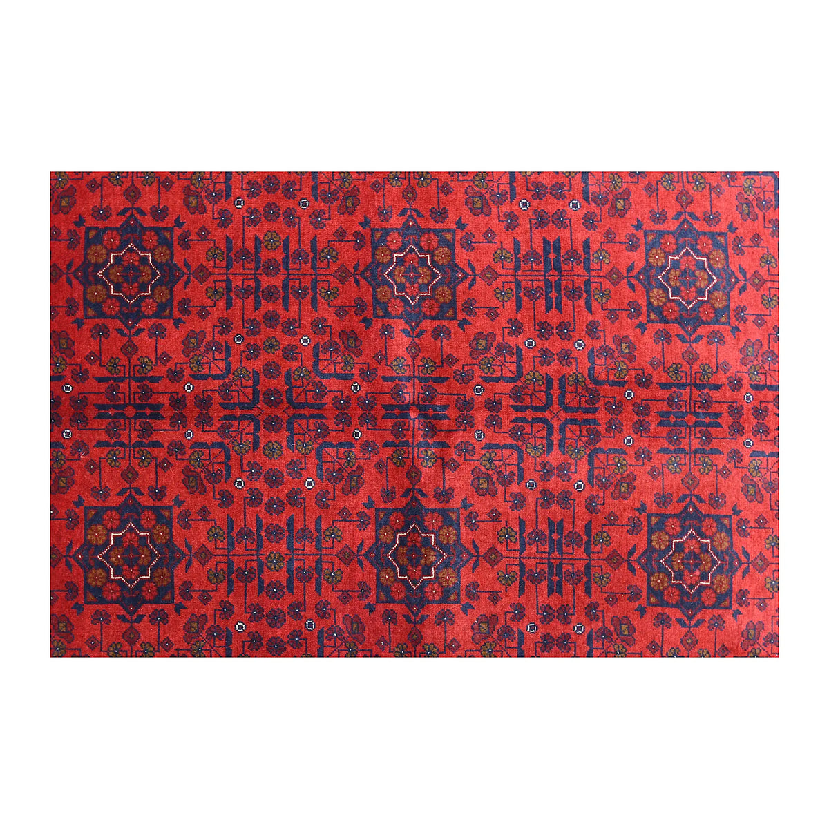 Field detail of Afghan Khal Mohammadi rug showing repeated octagonal guls across a richly patterned red ground