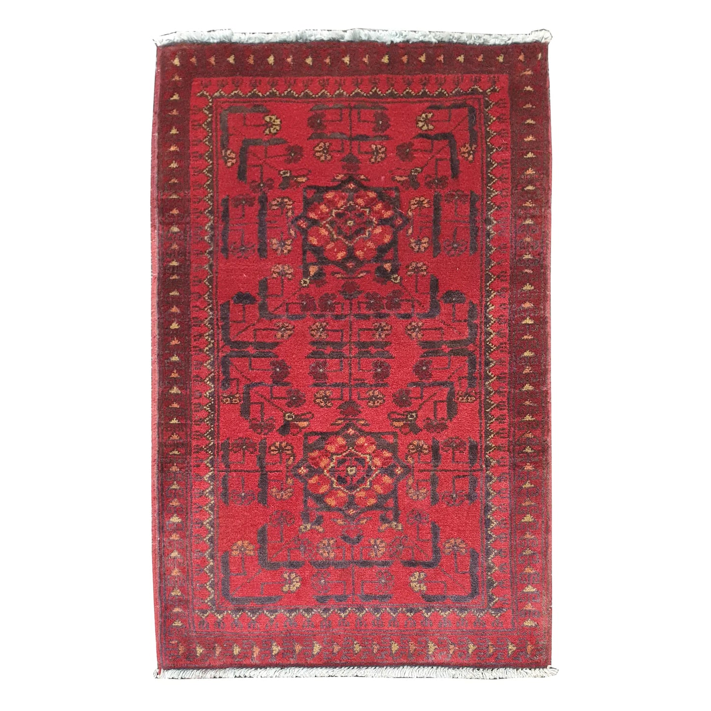 Full view of Afghan Khal Mohammadi hand-knotted wool rug with deep red field, dark geometric motifs and patterned border, 97 x 54 cm