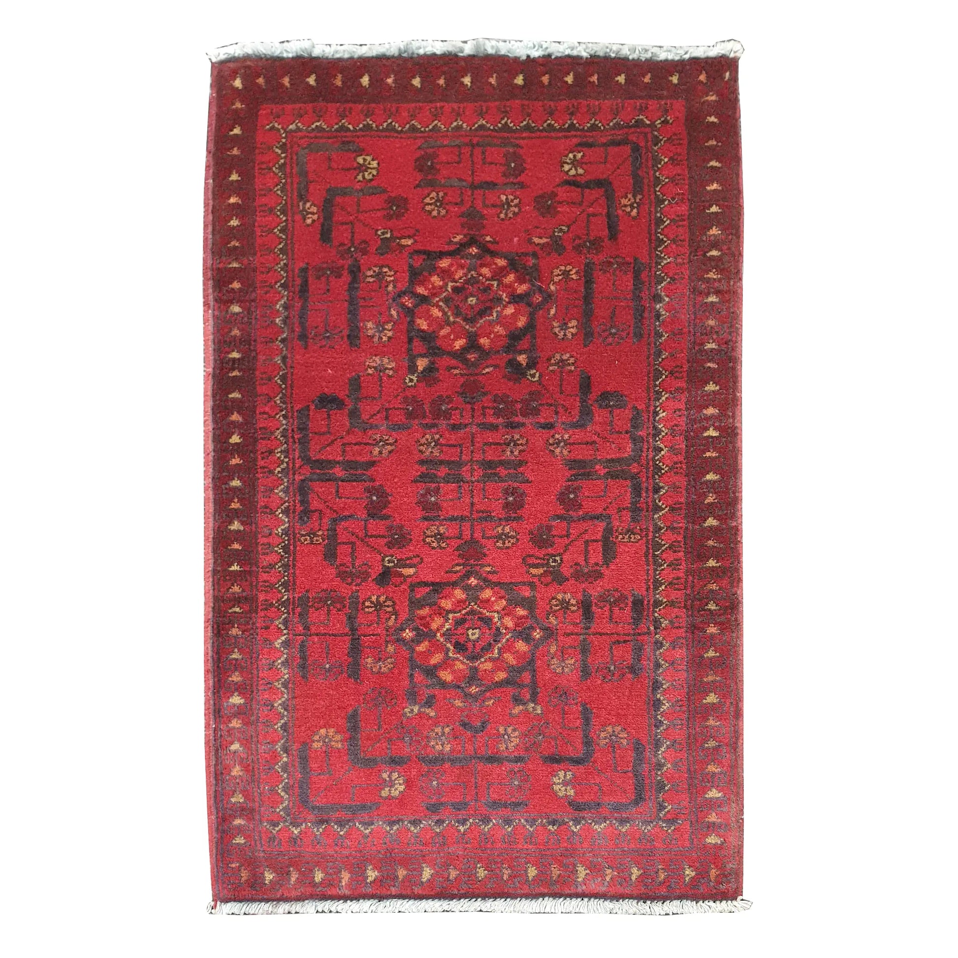 Full view of Afghan Khal Mohammadi hand-knotted wool rug with deep red field, dark geometric motifs and patterned border, 97 x 54 cm