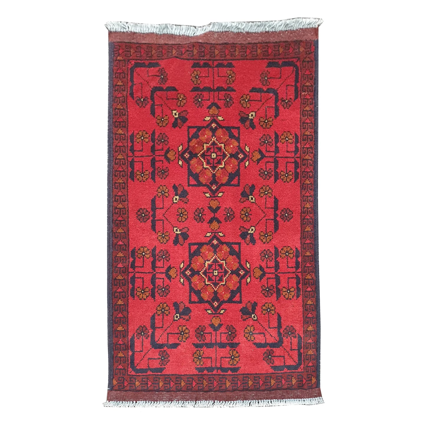 Full view of Afghan Khal Mohammadi hand-knotted wool rug with deep red field, central geometric medallion and patterned border, 98 x 50 cm