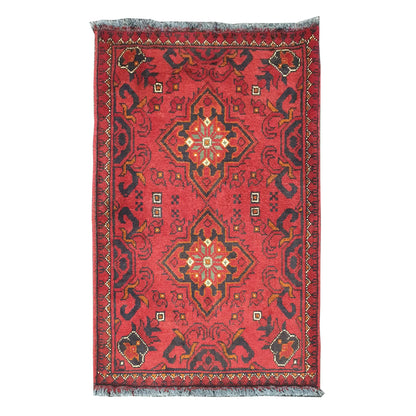Full view of Afghan Khal Mohammadi hand-knotted wool rug with deep red field, floral-geometric medallions and patterned border, 98 x 53 cm