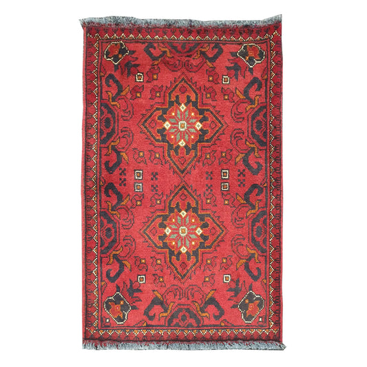 Full view of Afghan Khal Mohammadi hand-knotted wool rug with deep red field, floral-geometric medallions and patterned border, 98 x 53 cm