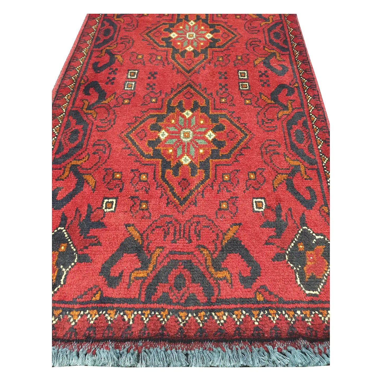 Medallion and field detail of Afghan Khal Mohammadi hand-knotted rug showing deep red ground, dark motifs and warm accent colours