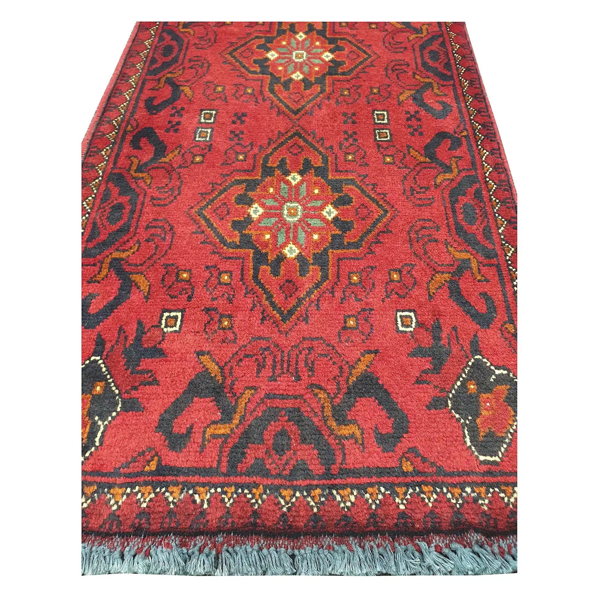 Medallion and field detail of Afghan Khal Mohammadi hand-knotted rug showing deep red ground, dark motifs and warm accent colours