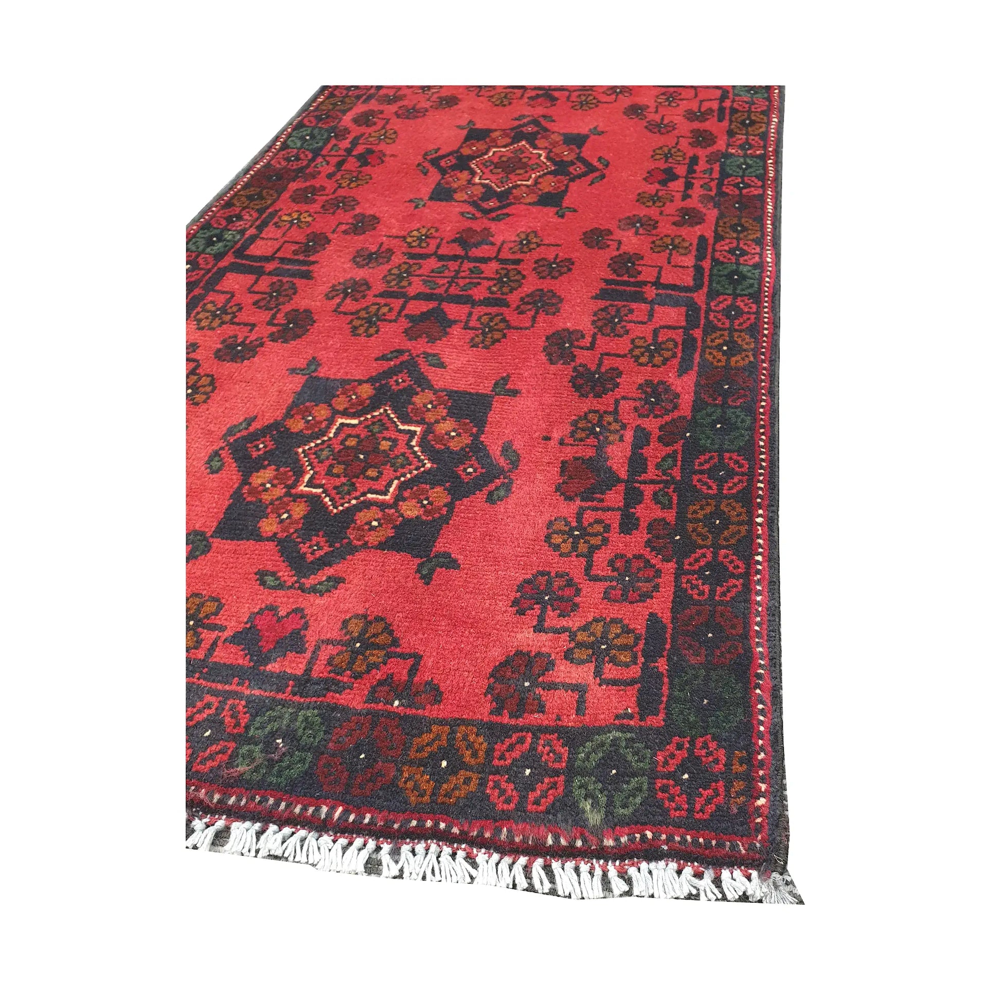 Angled corner and fringe view of Afghan Khal Mohammadi wool rug showing deep red field, dark border detail and light fringe