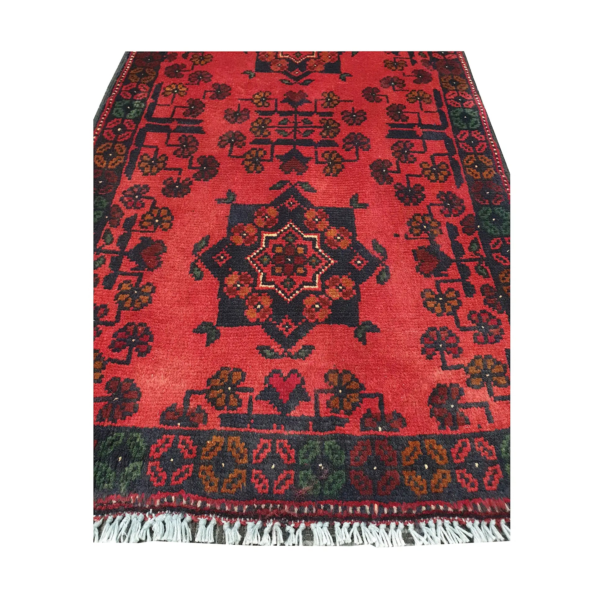 Central medallion and field detail of Afghan Khal Mohammadi hand-knotted rug showing dark geometric motifs on a deep red ground