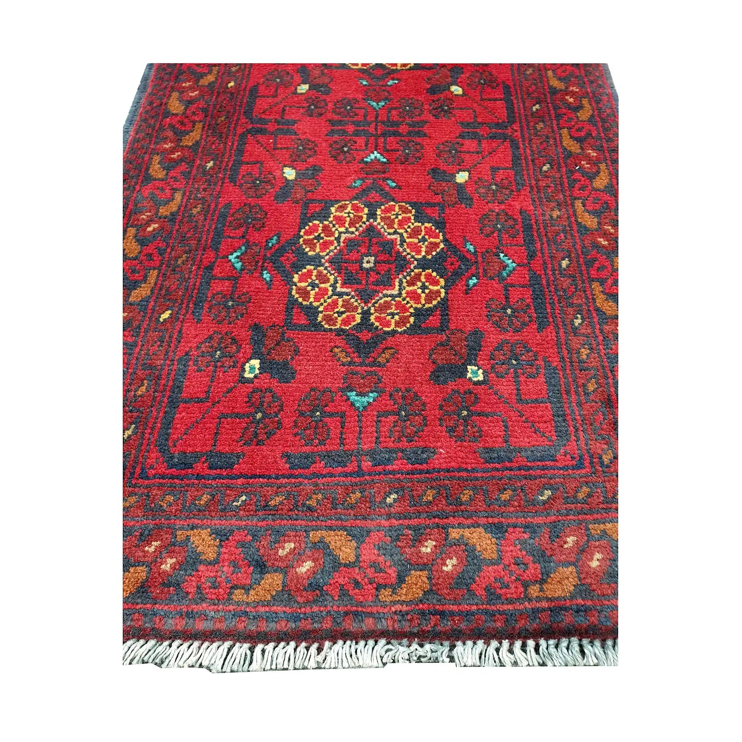 Central medallion and field detail of Afghan Khal Mohammadi hand-knotted rug showing red ground, dark motifs and warm ochre accents